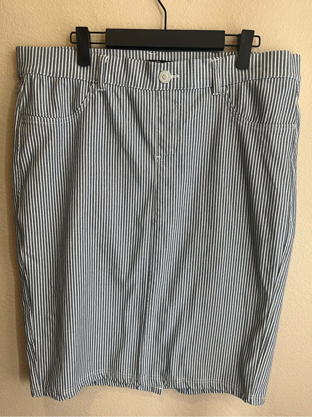 Striped Blue and White Cotton Blend Pencil Skirt